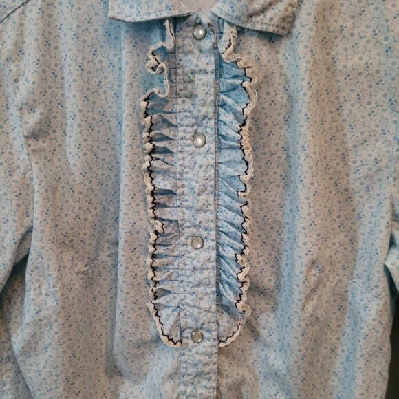 Vintage PRIOR Western Denver Snap Front Blue Floral Ruffled Shirt Bust 36" - Picture 3 of 9